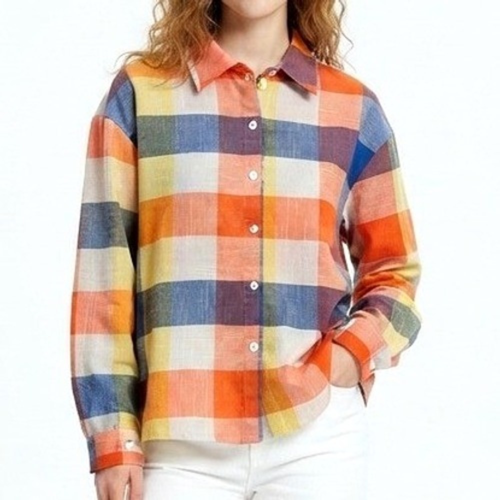 Shein Button Down Shirt Womens Large Multicolor Plaid Checkered Long Sleeve Top